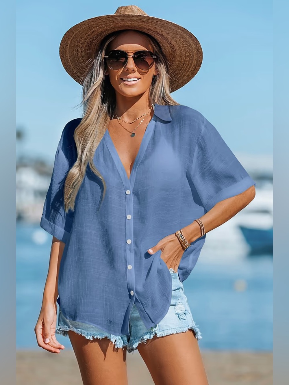 Cupshe ~ Dusty Blue Button-Down V-Neck Beach Shirt NWT - L